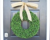 Boxwood Wreath- Summer Wreath- Wedding Wreath- 20 inch Artificial Boxwood Wreath- Burlap Ribbon- Christmas Wreath- Spring Decor