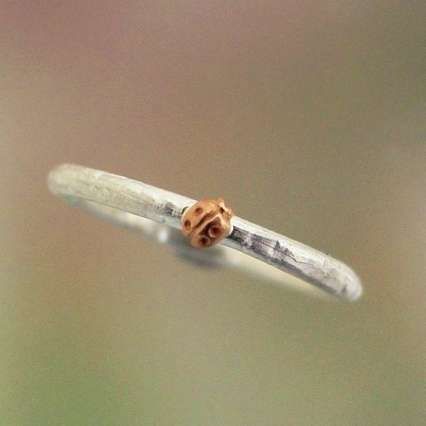 Lady bug Stacking Ring, 14k Rose gold and Sterling silver, Made to order