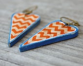 Large heart earrings Chevron print Orange and electric blue Antique brass Mod rustic boho style . QuiNN