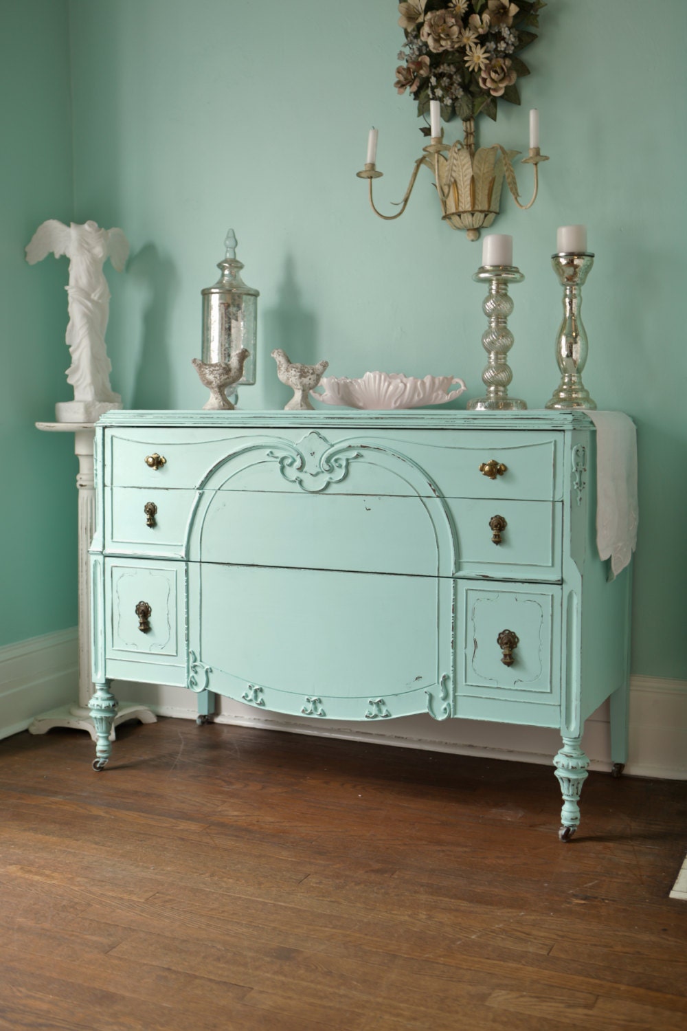 antique dresser shabby chic distressed aqua blue tiffany cottage prairie GORGEOUS OMG