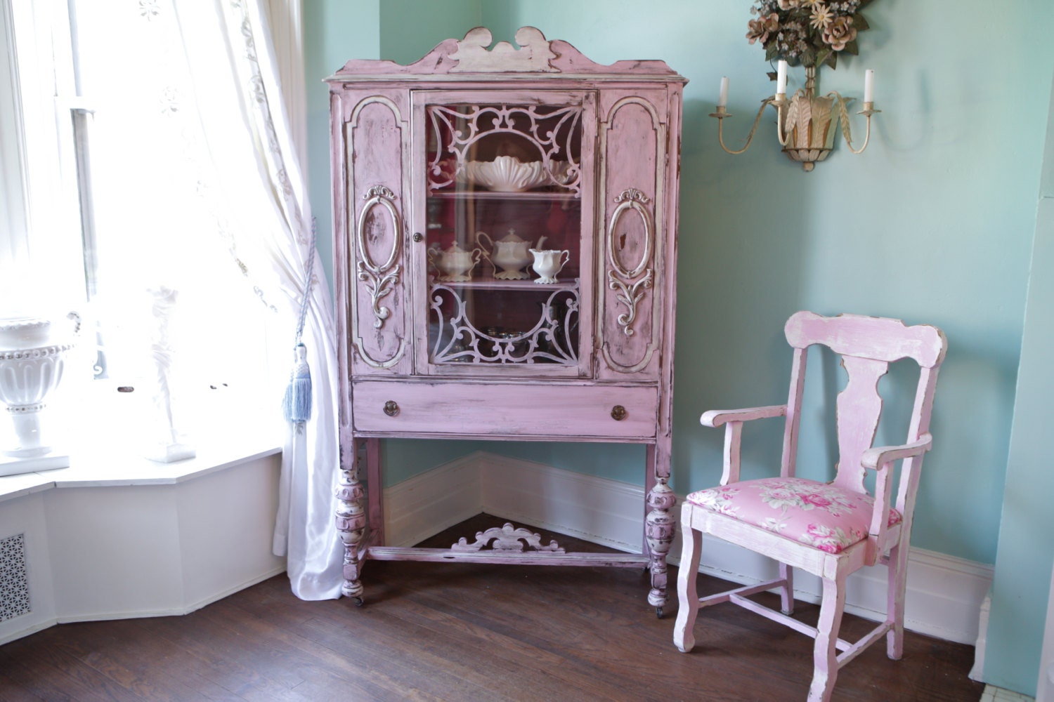 antique china cabinet shabby chic pink distressed cottage prairie OMG