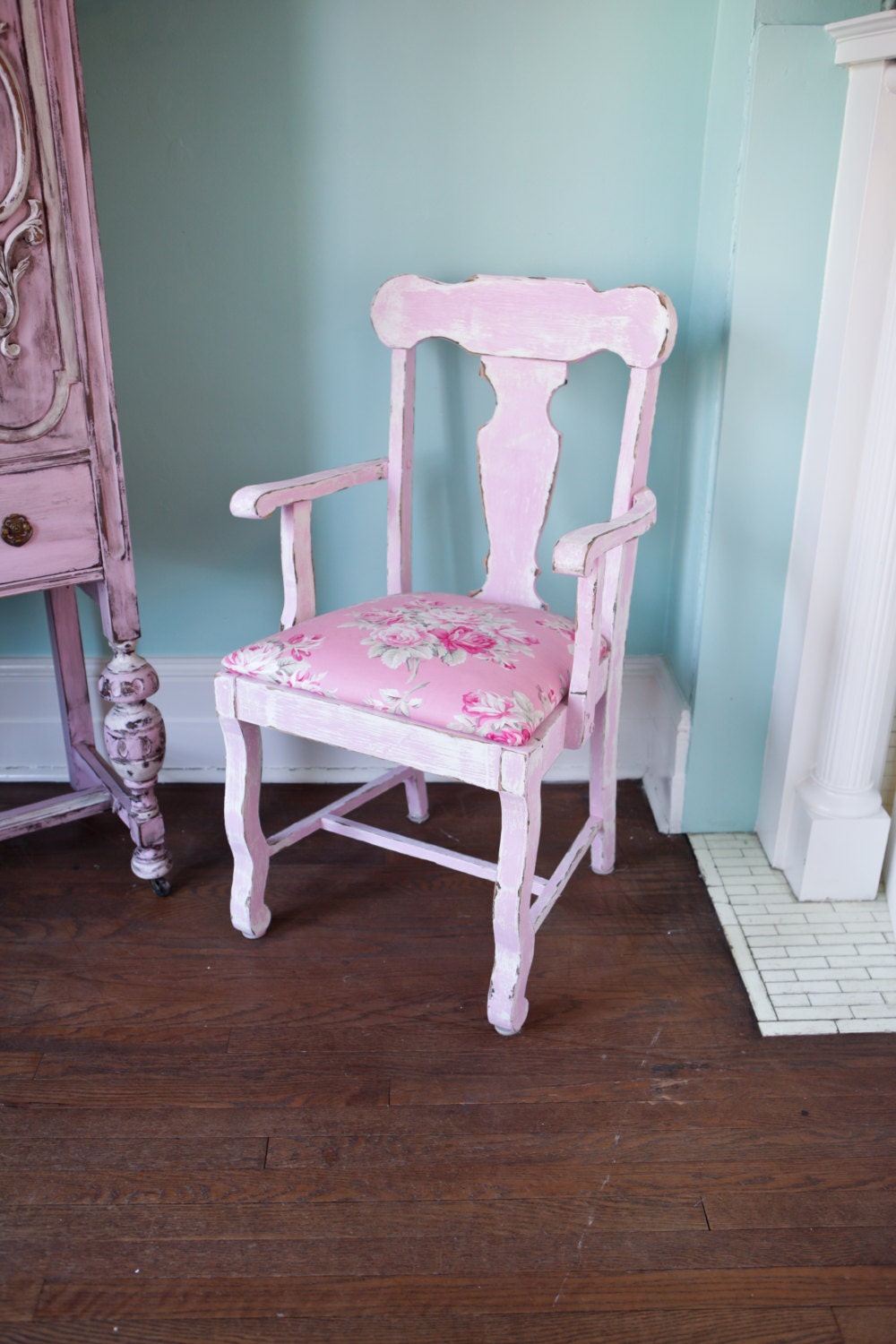 antique chair shabby chic pink white distressed roses cottage arm prairie