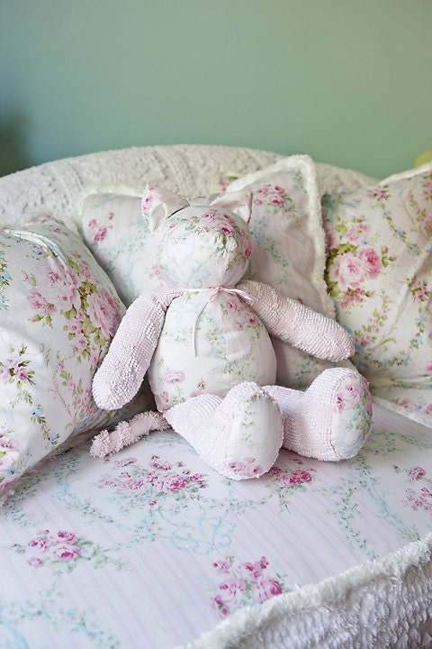 kitty cat shabby chic vintage chenille bedspread roses pink white baby girl cottage toy stuffed animal