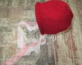 Newborn Knit Lace and Ribbon Bonnet Size Small