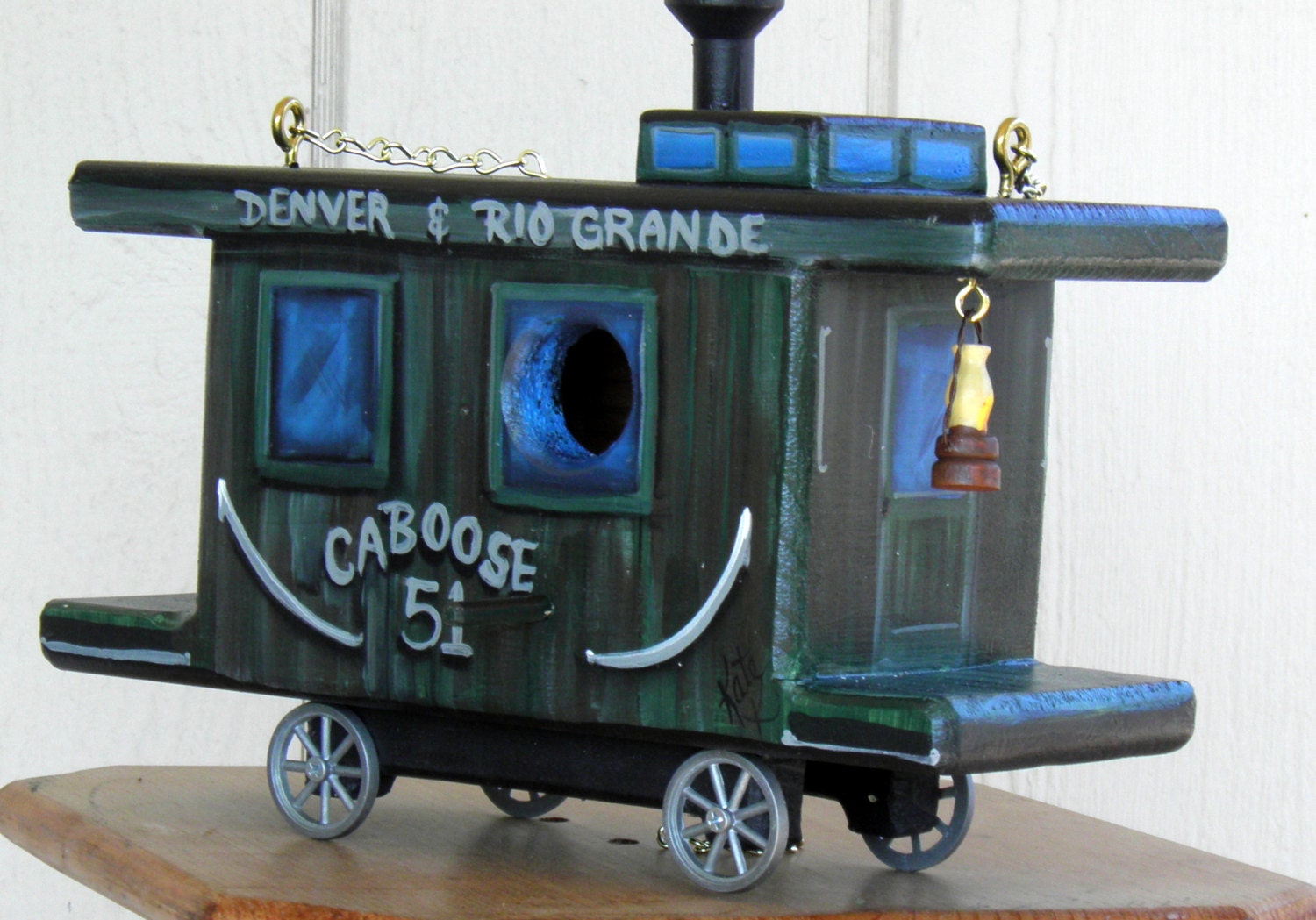 Green Caboose Bird House, Hand Made, Hand Painted, Original Design, Environmentally Friendly