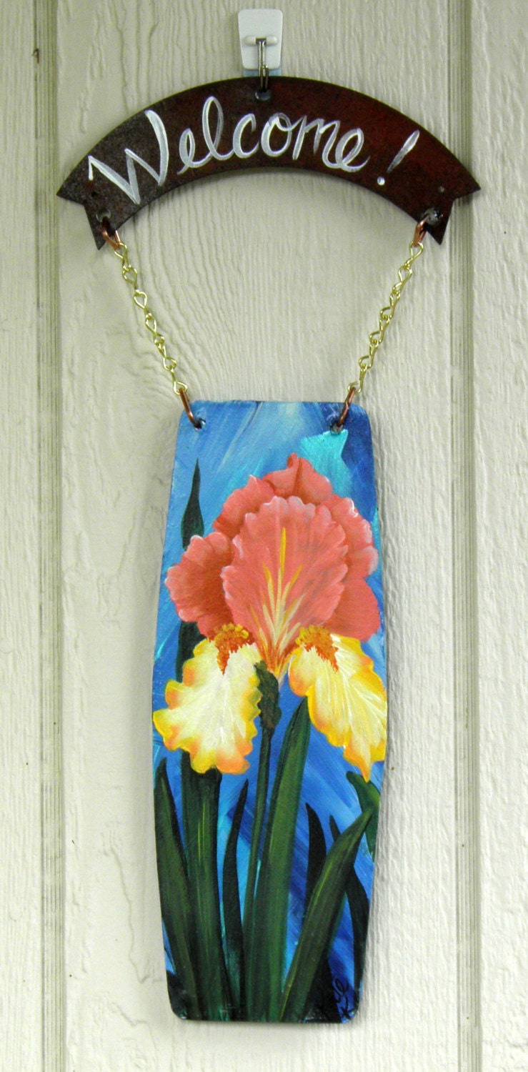 Peach Iris Welcome Sign, Hand Made and Hand Painted