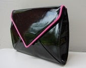 vintage clutch / 80s vintage tote crossbody bag NEON pink and black patent leather purse