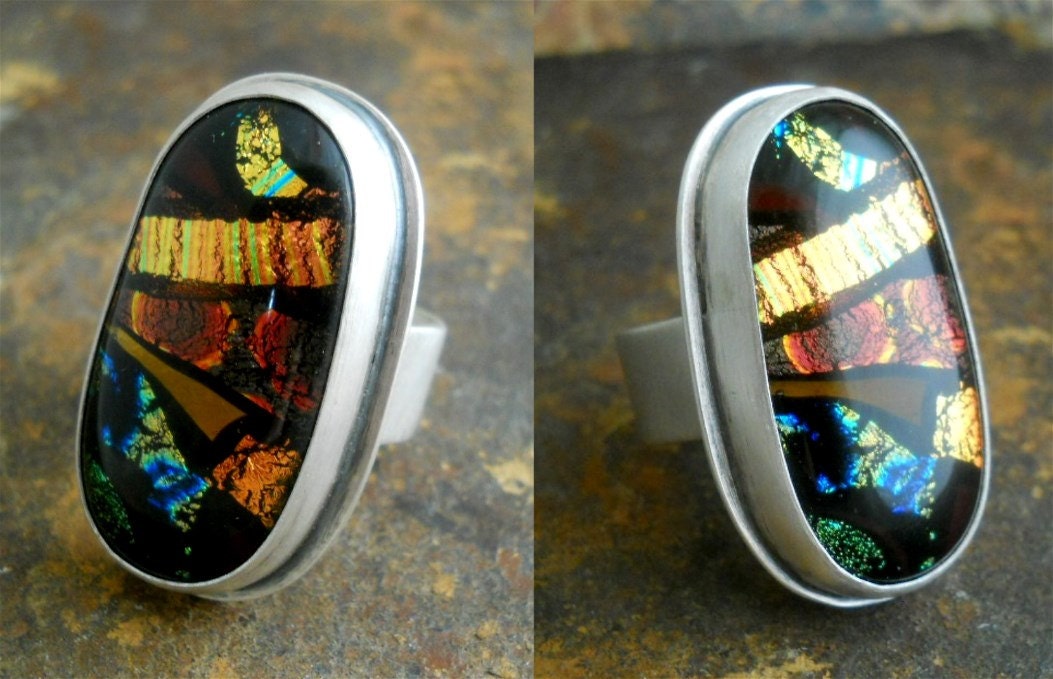 contemporary multicolored ring, sterling silver and glass ring,size 9 1/2, geometric shapes, multicolored