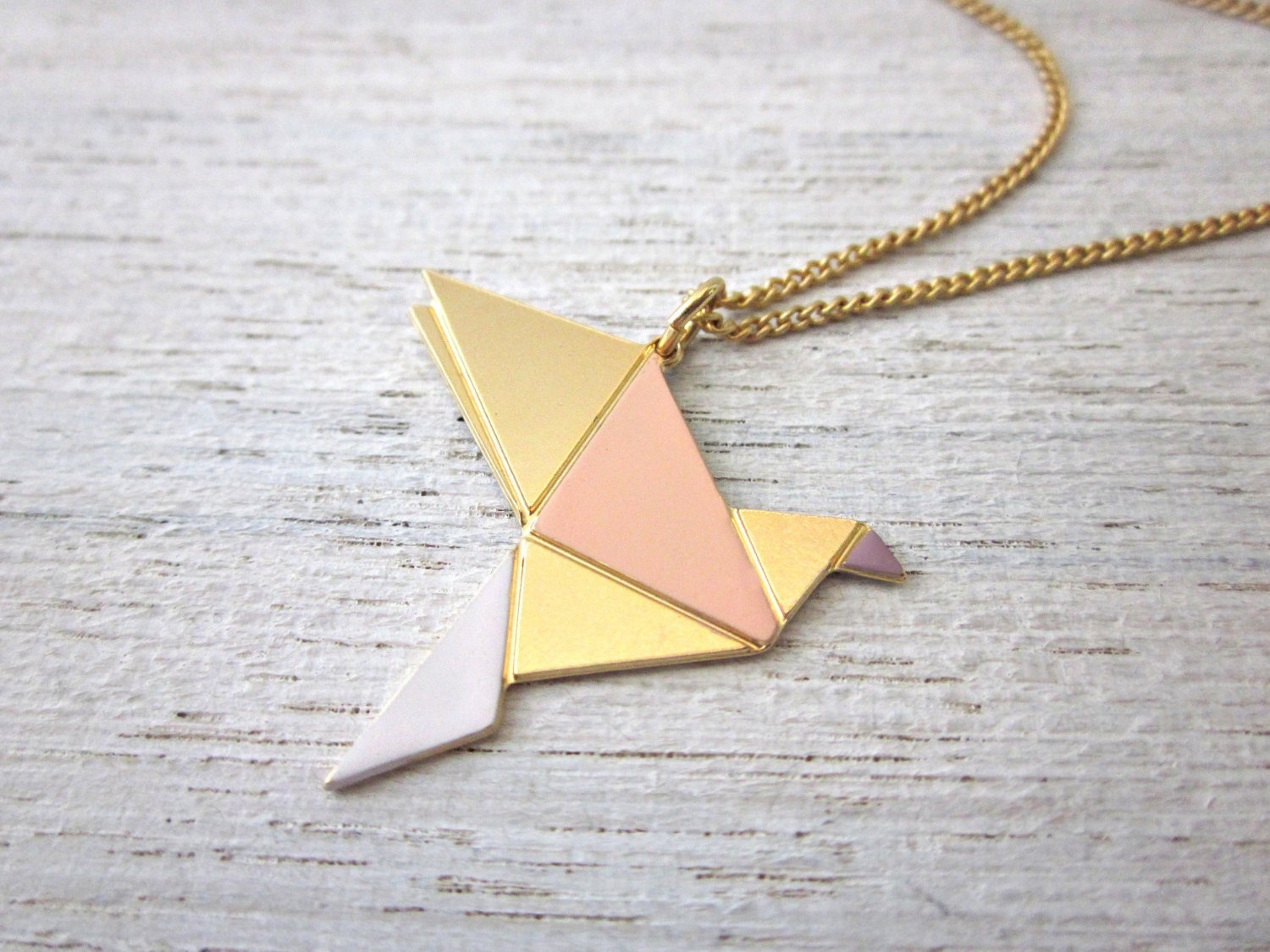 Short Origami Bird Necklace, gold silver plated pastel colorful pendant enamel jewelry