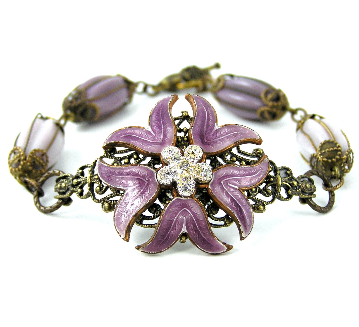 Vintage Guilloche Bracelet, Purple Enamel, Mother's Day, Spring Jewelry, Flower,  Repurposed, Upcycled, Garden Party