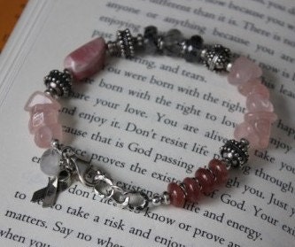 Gorgeous OOAK handmade Awareness bracelet with sterling, rose quartz "Aware"