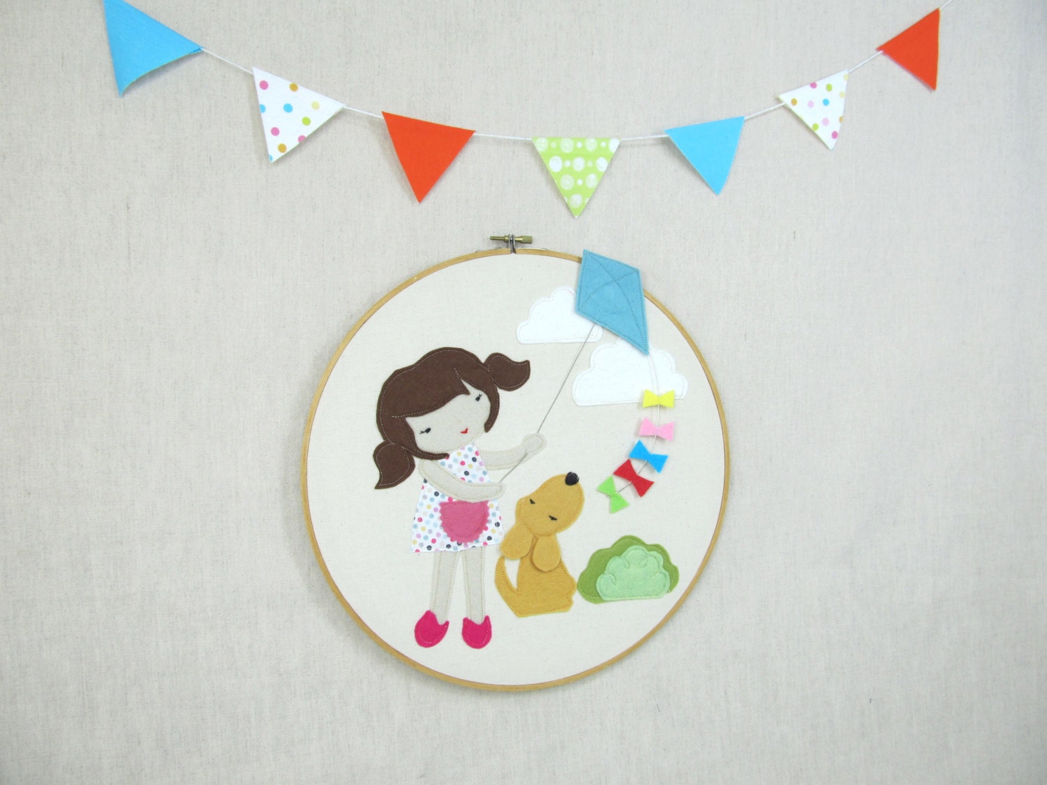 Wall/Shelf  Décor - Girl with Puppy and Kite - Children, Illustration, Fiber, Decor, Nursery, Girl