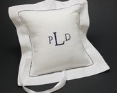 Personalized Name or Three Initials Monogram Embroidered Hemstitched Linen/Cotton 8x8 Ring Bearer Pillow