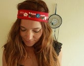 Red/Burgundy Bohemian Hippie Mexican Embroidered Colorful Floral Headband Wrap Upcycled Recycled