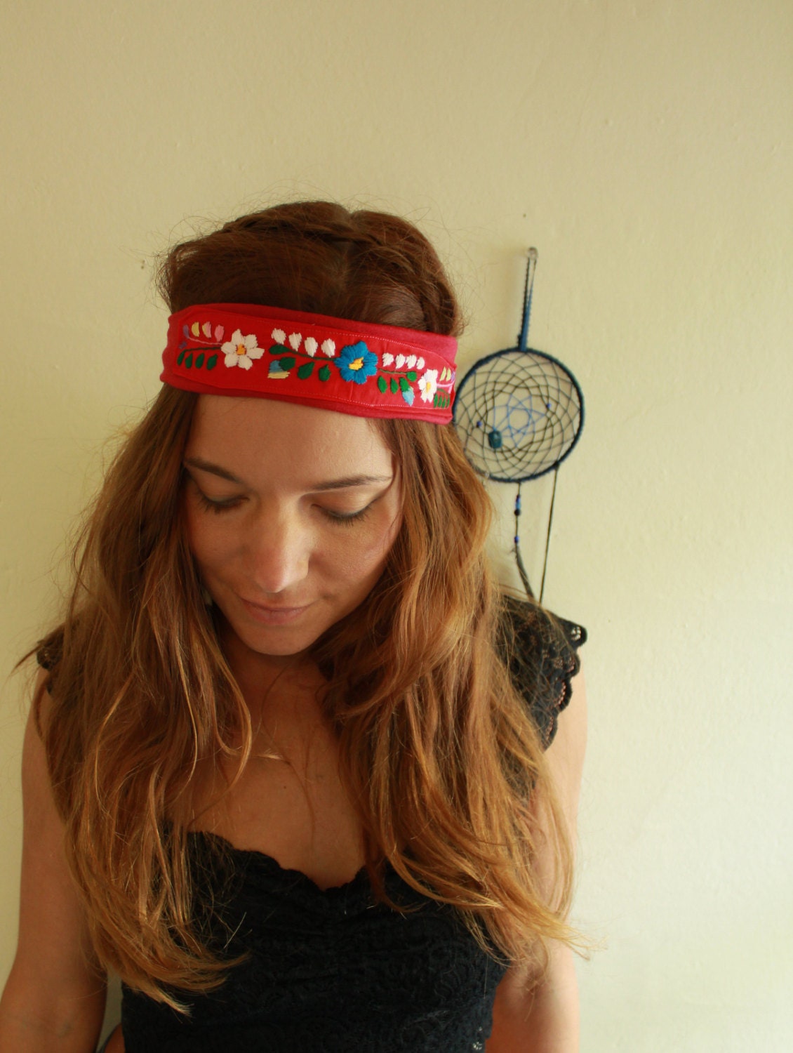 Red/Burgundy Bohemian Hippie Mexican Embroidered Colorful Floral Headband Wrap Upcycled Recycled