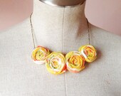 Statement necklace, rosette necklace, vintage fabric, yellow, bright, bold, bib necklace