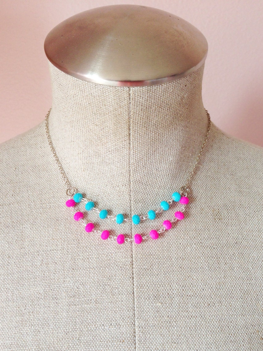 Neon, hot pink, aqua, layer, statement necklace
