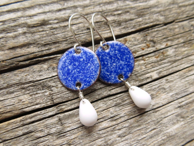 Blue Enamel Earrings With White Glass Drops, Copper And Sterling Silver