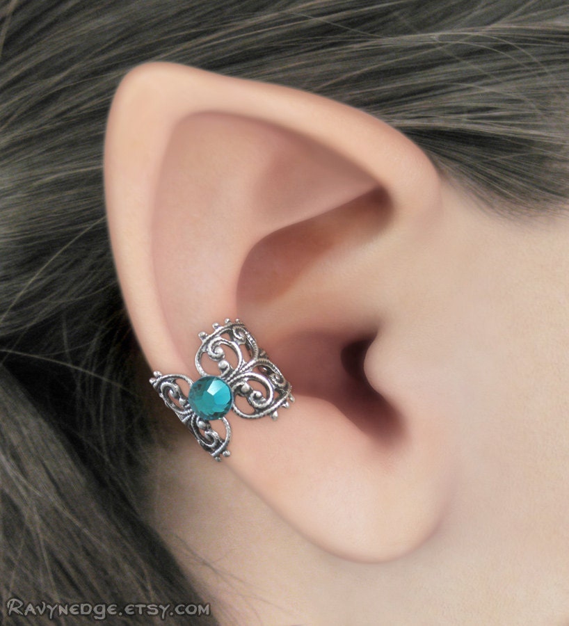 Intrigue - Choose Your Color Crystal - Silver Filigree Ear Cuff