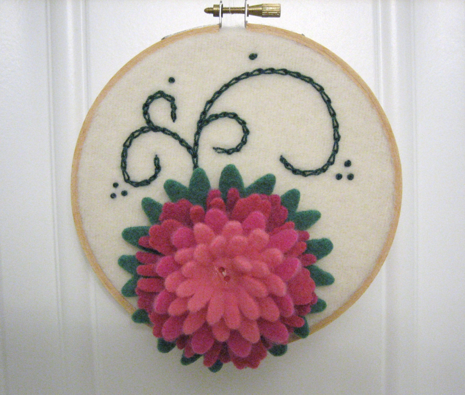 Spring Embroidery Hoop Wall Art Home Decor with Pink Flower Handmade from a Felted Wool and Cashmere (no.289)