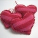Three Pink and Red Striped Heart Valentine Decorations Ornaments Handmade from a Felted Wool Sweater (no.267)