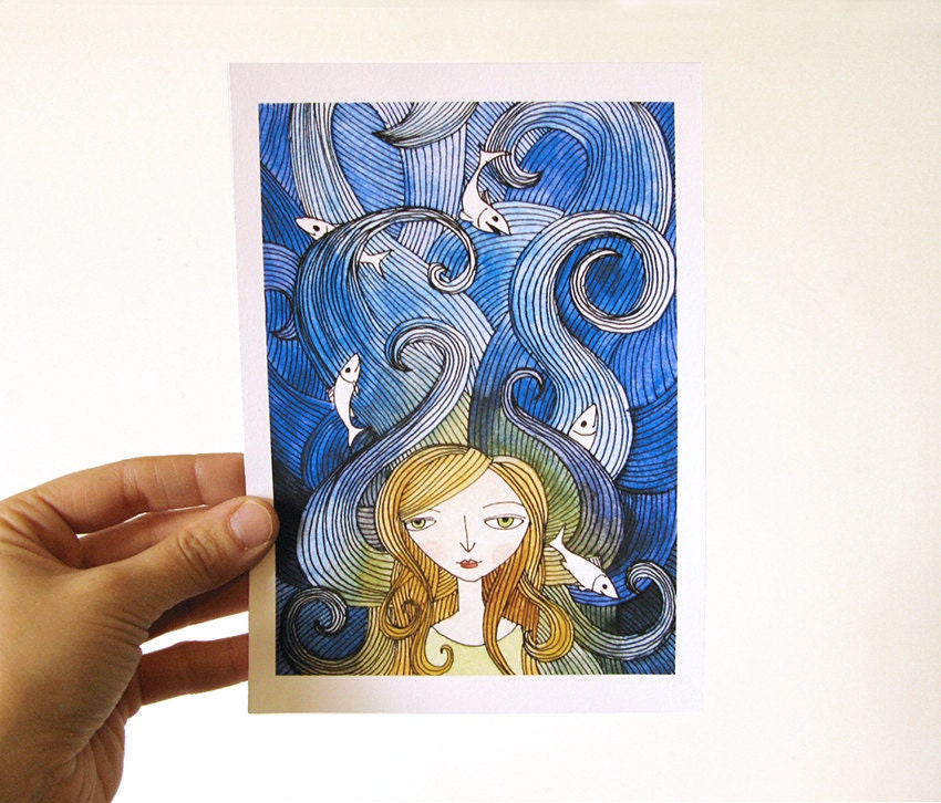SALE 20% OFF Archival Art Print - Painting of Fish In My Hair -5x7