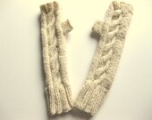 Hand knit ivory fingerless gloves with 3" cuff and cable -  texting gloves - chunky wool - ready to ship