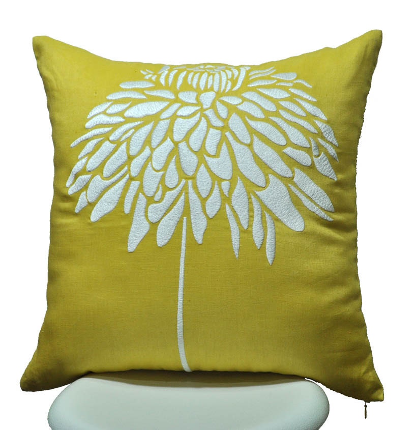 Yellow Peony Pillow Cover, Throw Pillow Cover 18 x 18, Yellow Citrine Linen with white peony embroidery, yellow cushion