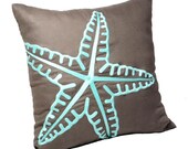 Modern Nautical Pillow Cover, Taupe Brown Linen Turquoise Starfish Embroidery, Decorative Pillow Cover 18x18, Cottage Decor,Couch pillow
