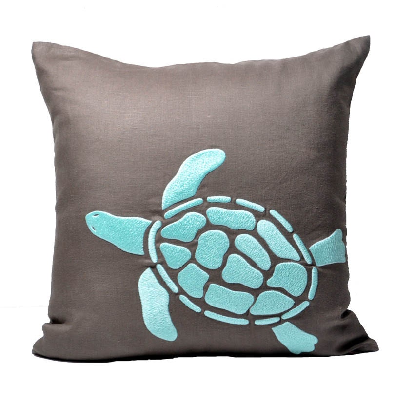 Sea Turtle Pillow Cover, Taupe Brown Linen Turquoise Sea Turtle Embroidery, Decorative Pillow Cover 18x18, Cottage Decor, Couch pillow