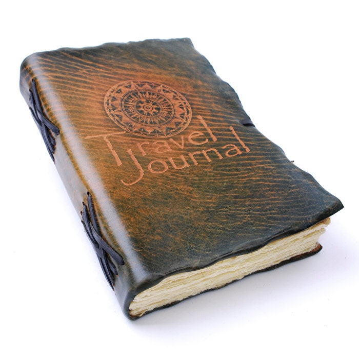 Decorative Compass Leather Travel Journal: brown, green