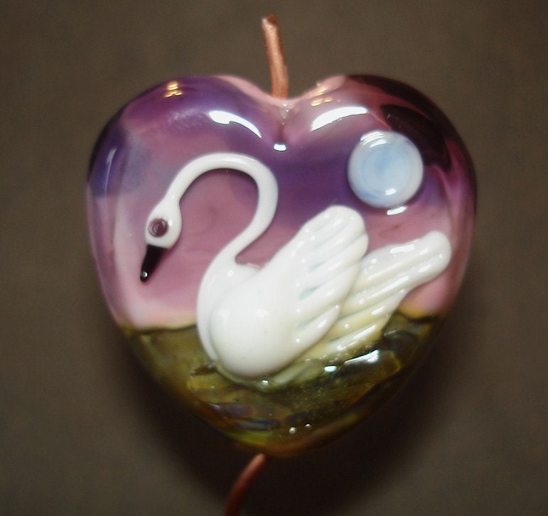 Beautiful Swan on a Lake Handmade Glass Lampwork Bead Heart