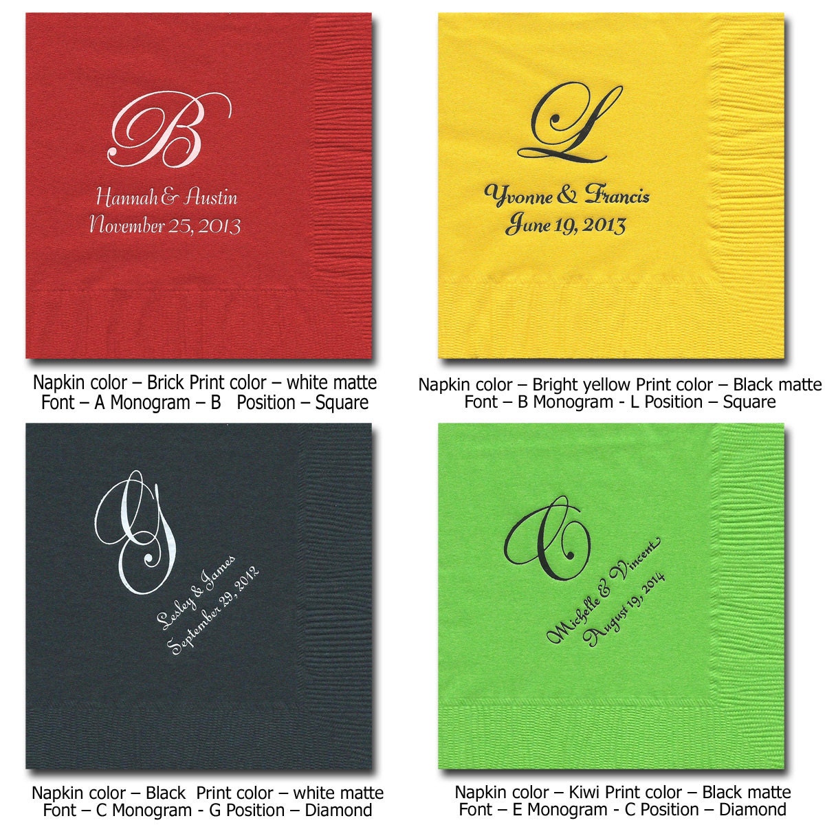 Wedding Napkins Beverage Personalized Cocktail Napkins Edwardian monograms Examples only