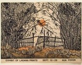 Sunset Through the Bamboo Gate, from Lagana's lino print of that name, poster for a show