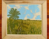 Ricelands, limited edition linoleum block print, printed and signed in pencil by the artist, framed