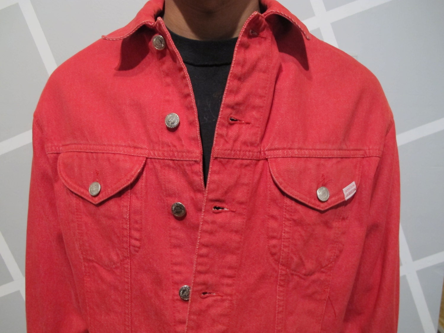 Vintage Benetton Mens Red Denim Jacket  Size 42 Large