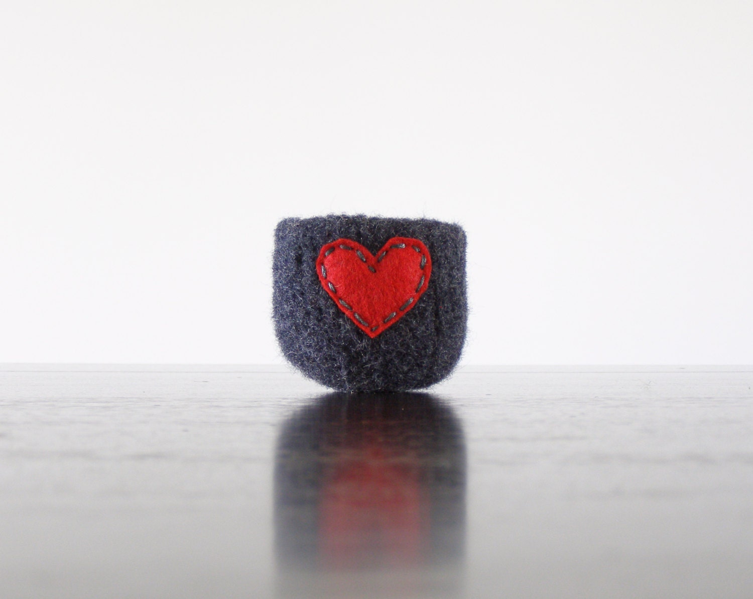 felted wool bowl  -  charcoal grey wool bowl with red eco felt heart - ring holder, anniversary gift, Mother's day