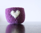 felted wool bowl  -  heathered grape purple wool bowl with cream eco felt heart - ring holder, anniversary gift, Mother's day