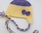 Earflap Hat Beanie with Braids and Bow Size 14"  Lavender and Cream Ready to Ship Direct Checkout