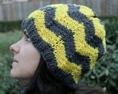 Chevron Slouchy Beanie Hat in Charcoal Grey and Bright Yellow