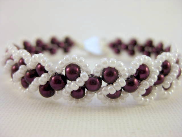 Beaded Pearl Bracelet Burgundy Pearl Beadwoven Seed Bead RAW Beadwork Bridesmaid Wedding