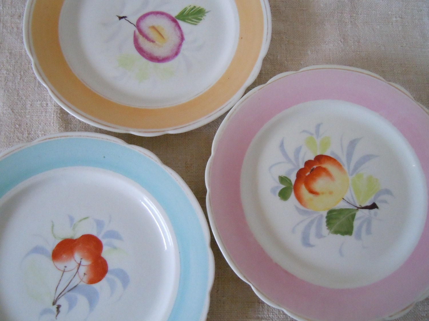 Vintage FRUIT DESERT PLATES Three Porcelain Shabby Chic Wall Hanging Pastel Colors Retro Cottage Home Style Home Decor