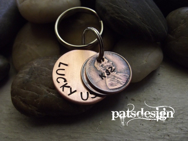 Lucky Us Copper Keychain with two lucky pennies
