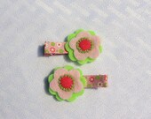 Spring Blossom Clippies, Pink and Green Felt Flower Hair Clips, Barrettes