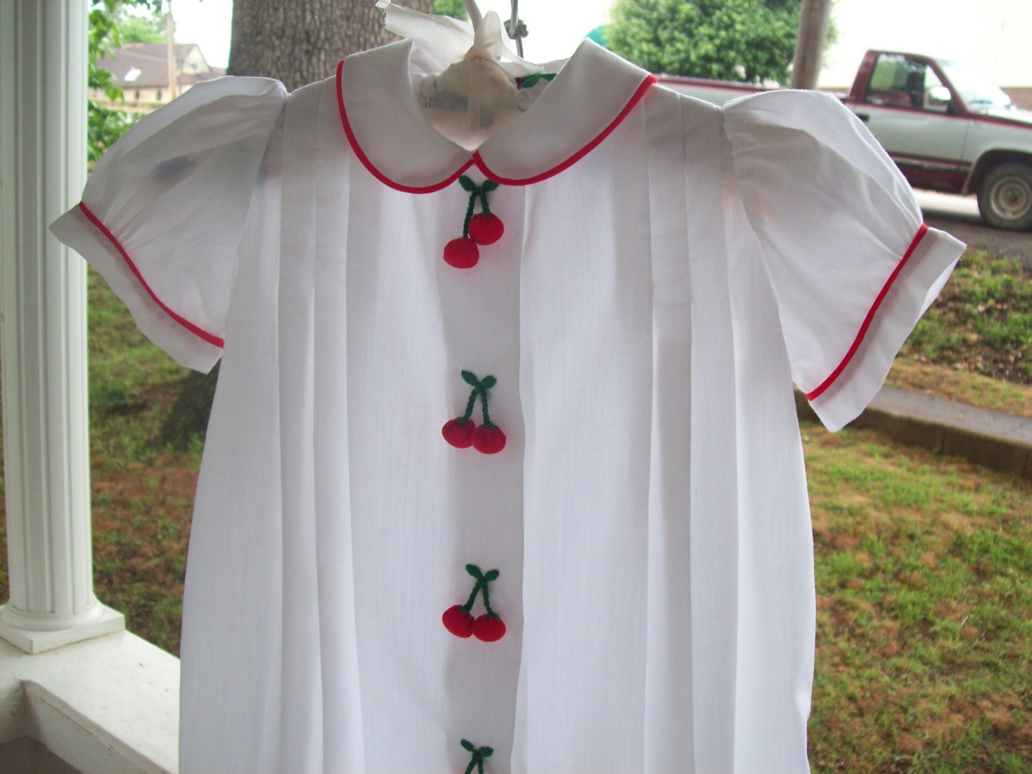 Vintage White Dress for Little Girl with Cherry Accents