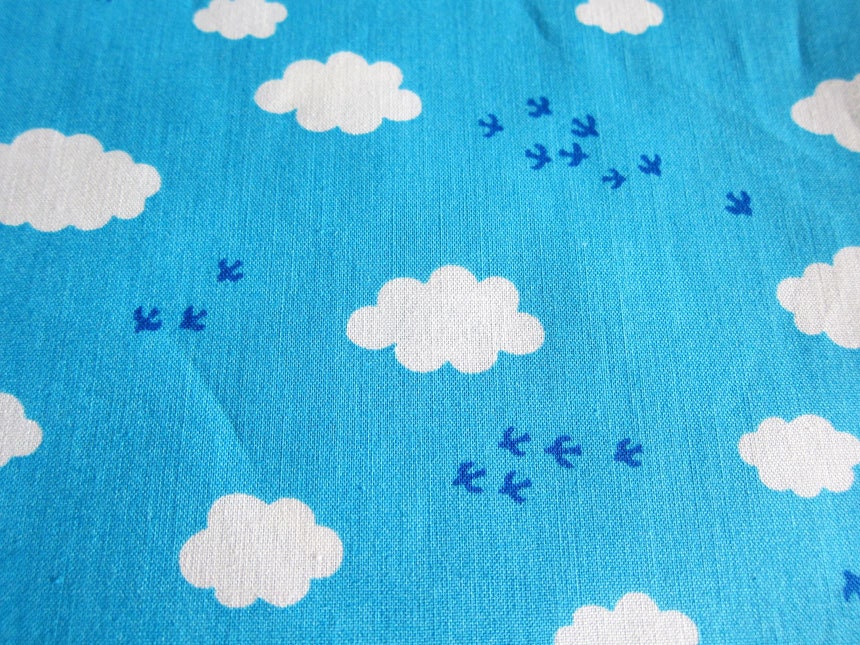 Birds and Clouds on Blue - Kawaii Cotton Fabric - Half Yard