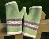 Recycled cashmere and wool fingerless gloves. Iconic Fair Isle pattern in sage green with mauve, ivory, and grey.  Lined in faun cashmere.