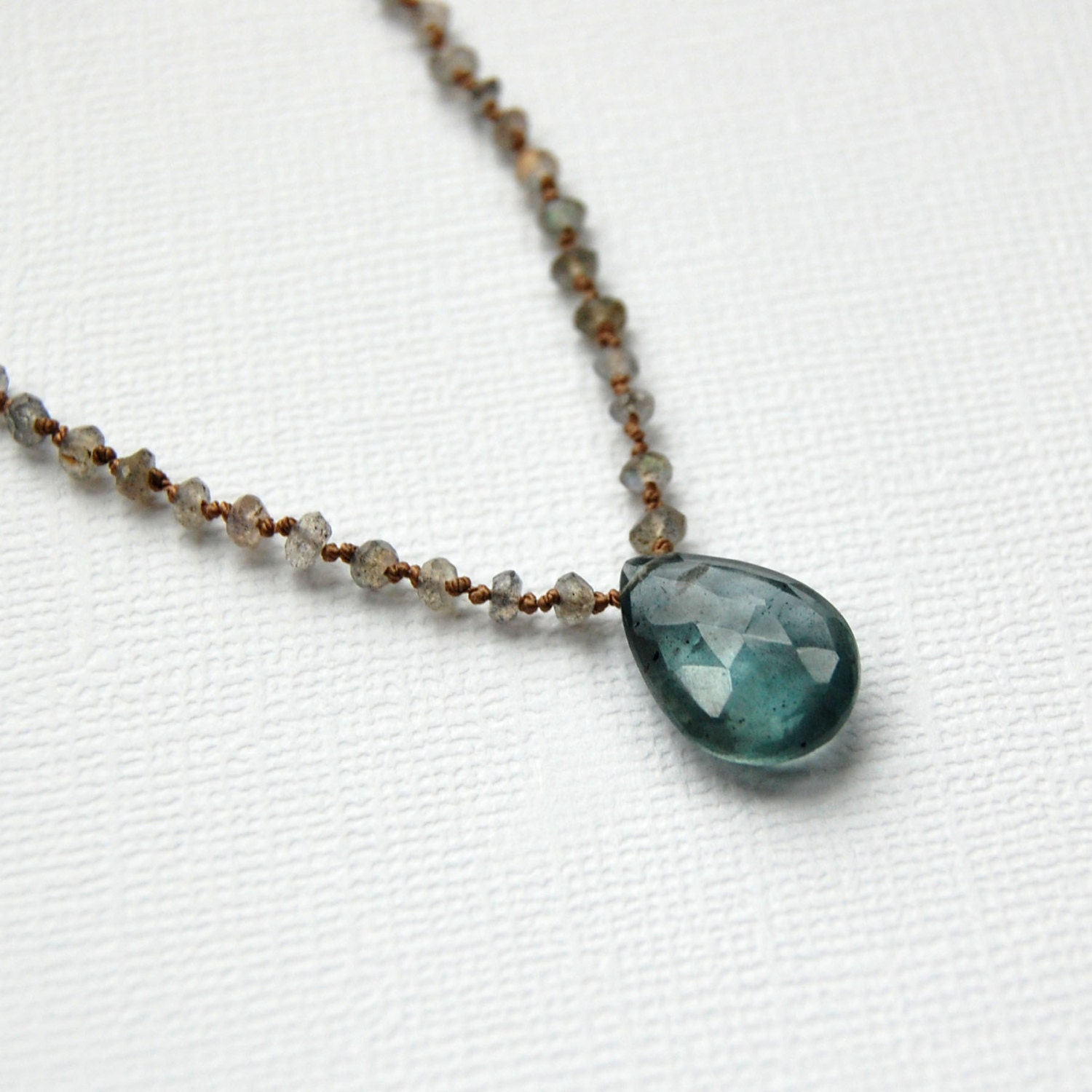 Hand Knotted Labradorite and Moss Aquamarine Pendant Necklace, Understated and Delicate