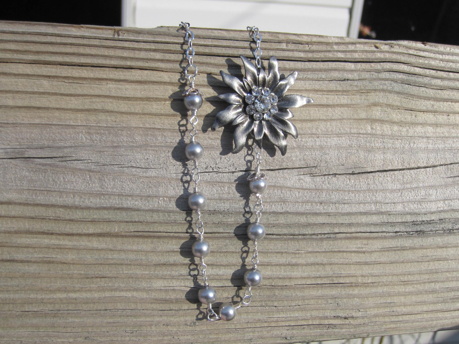Rhinestone Flower Pearl Necklace and Earring Set. Choice of Swarovski Pearls.