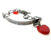 Be True Valentine Bracelet . Red Vintage Glass Bracelet . Arte Metal Cuff Bracelet . Rustic Style . Glass Bracelet . Valentine Jewelry